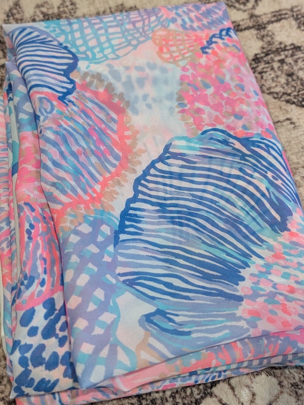 Lily Pulitzer Sheer White Scarf w/ Pink & Turquoise Patterns - Floaty Seascape